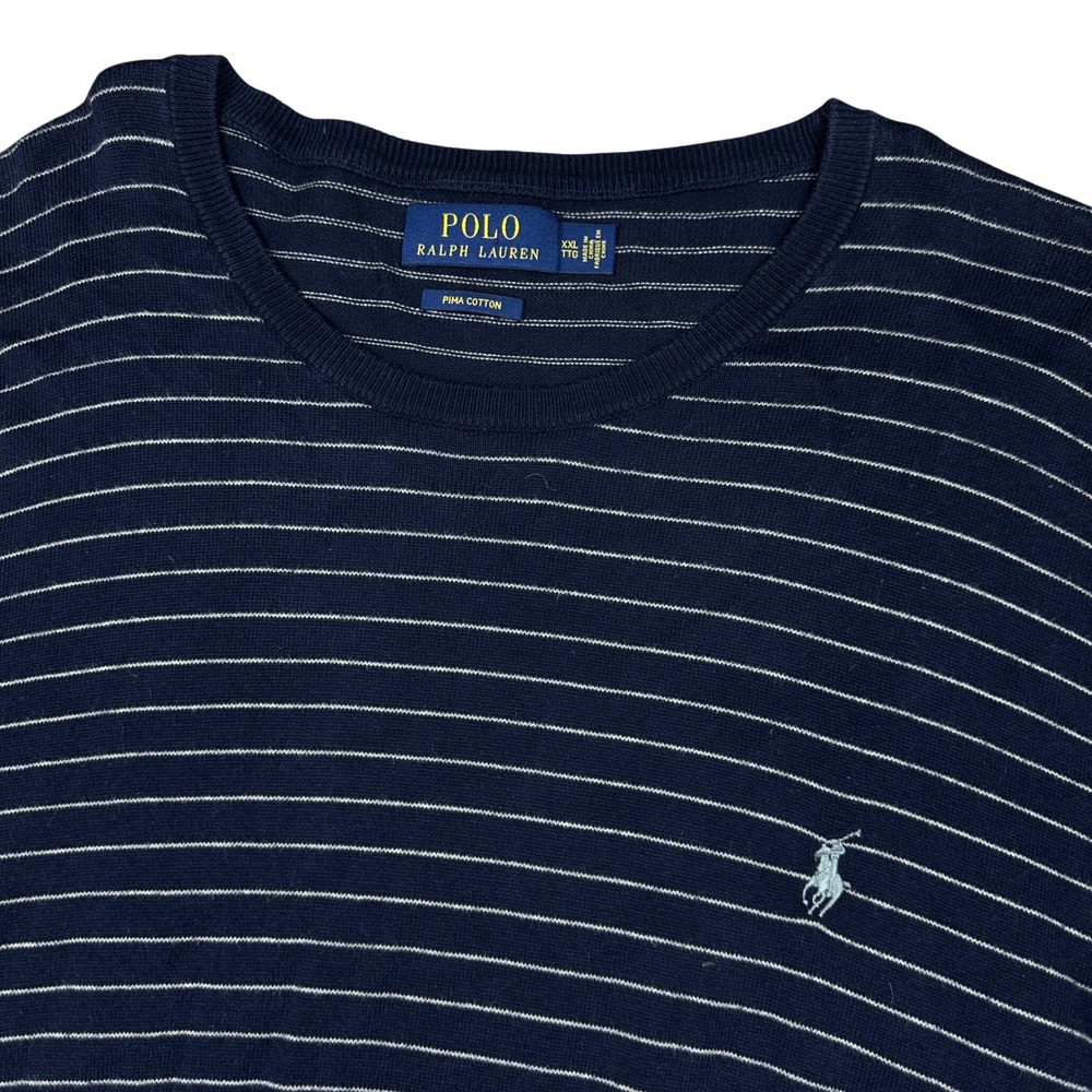 Polo Ralph Lauren Navy Striped Pima Cotton Crewneck Sweater Mens XXL Blue White
